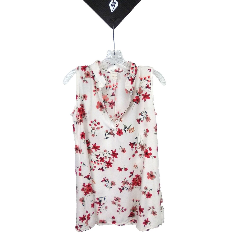 Hershe Women's Sleeveless Tunic V-Neckline White Floral Top Size Small